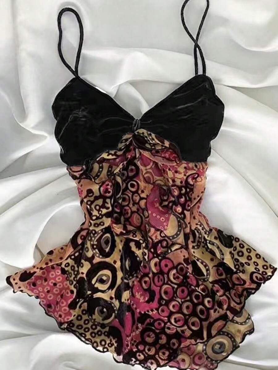 ENGU CO. Y2K Urlaubsstil Samt Bust Patchwork abstrakter Muster Rüschen Saum Camisole Top