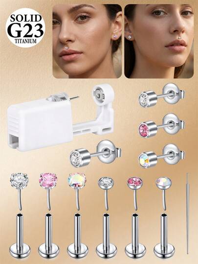 CIZME 1Set G23 Titanium Ear Piercing Kit Cubic Zirconia Lip Rings Studs, 1Pack Disposable Ear Piercing Guns With Earring Studs,Self At-Home Kit For Cartilage Helix Ear Studs