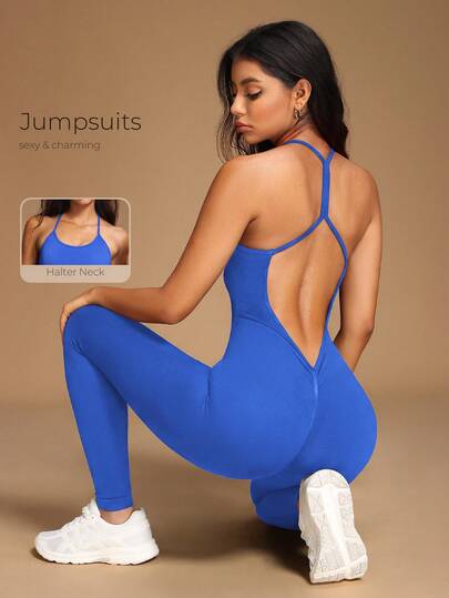 VVX Women's Criss Cross Backless Yoga Jumpsuit, Hollow Out Scoop Neck Tummy Control Scrunch Butt Lifting Seamless Ribbed Workout Gym Sports Casual Unitard