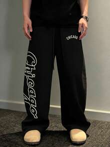 男士休闲裤，直筒条纹设计，抽绳裤脚，尼龙速干面料，宽松阔腿裤 - 黑色 - 查看 4