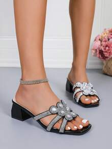 Women's Rhinestone T-Strap Square Toe Chunky Heel Sandals - Black - View 2