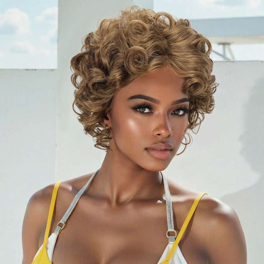 8 Inch Synthetic Brown Curly Short Wig - Rose Hairstyle Design Women's Wig Made Of High-Temperature Fiber And Inner Mesh Net - Brown - View 1