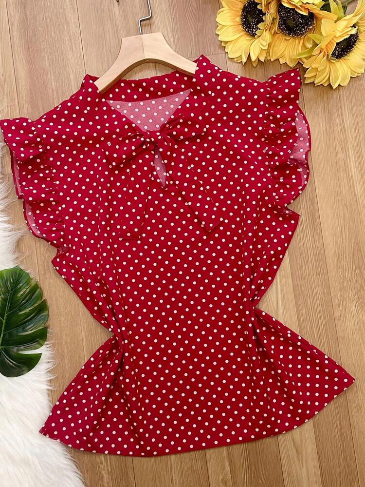 yiang blusa regata de bolinha e tecido crepinho moda feminina - bolinha vermelhor - Visão 3