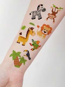 30张卡通临时纹身贴纸，包含狮子、老虎、猴子、长颈鹿、斑马和大象等一系列图案，展现了各种可爱的卡通动物风格（共300种设计）。这些防水且趣味十足的艺术化妆假纹身贴纸。 - 彩色 - 查看 4