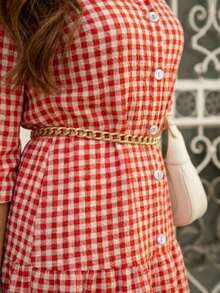 Women's DUNA Plaid Midi Dress With Shirt Collar And Bishop Sleeves, Casual, With Buttons, Asymmetrical Hem, Summer And Beach. - 紅色格子 - 查看 2