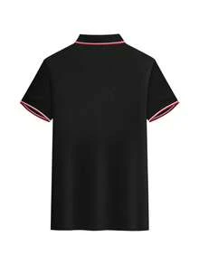 男士高級商務休閒 Polo 衫，緹花紋理鈕扣領設計，時尚品牌印花圖案，適合商務、休閒、運動、日常穿著 - 黑色 - 查看 3