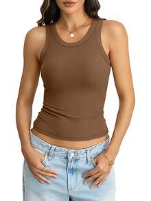 Sports Bra Vest With Non-Removable Padding - Seamless, Wire-Free Design Suitable For All Seasons, Yoga, Running, And Gym Wear. Vest With Built-In Bra, Fall Women's Wear. - 棕色 - 查看 8