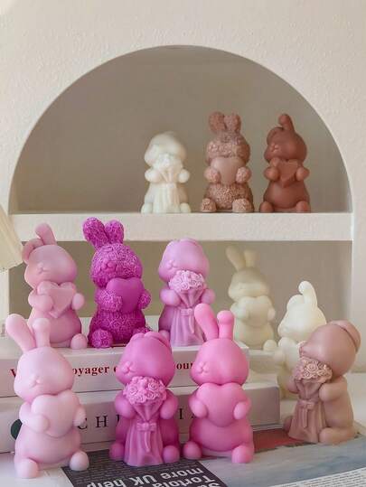 玫瑰心形钻石兔子硅胶模具，3D立体浮雕工艺品，易脱模，手工DIY蜡烛、香薰蜡烛、肥皂、石膏香薰装饰，可爱拥抱爱心花束兔子造型，适合求婚、情人节、母亲节、圣诞节礼物、婚礼回礼、桌面装饰、手工爱好用品