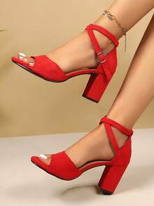 2026新款夏季女士中跟粗跟黑色凉鞋，学生百搭露趾单带罗马高跟鞋 - 紅色 - 查看 2