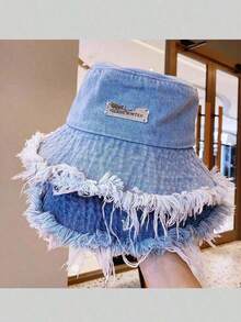 1pc Women's Streetwear Metal Decoration Frayed Brim Casual Fisherman Hat, Versatile Unisex Bucket Hat Daily Wear, Outdoor, Travel, Beach, All Season E1LL - 深藍色 - 查看 12