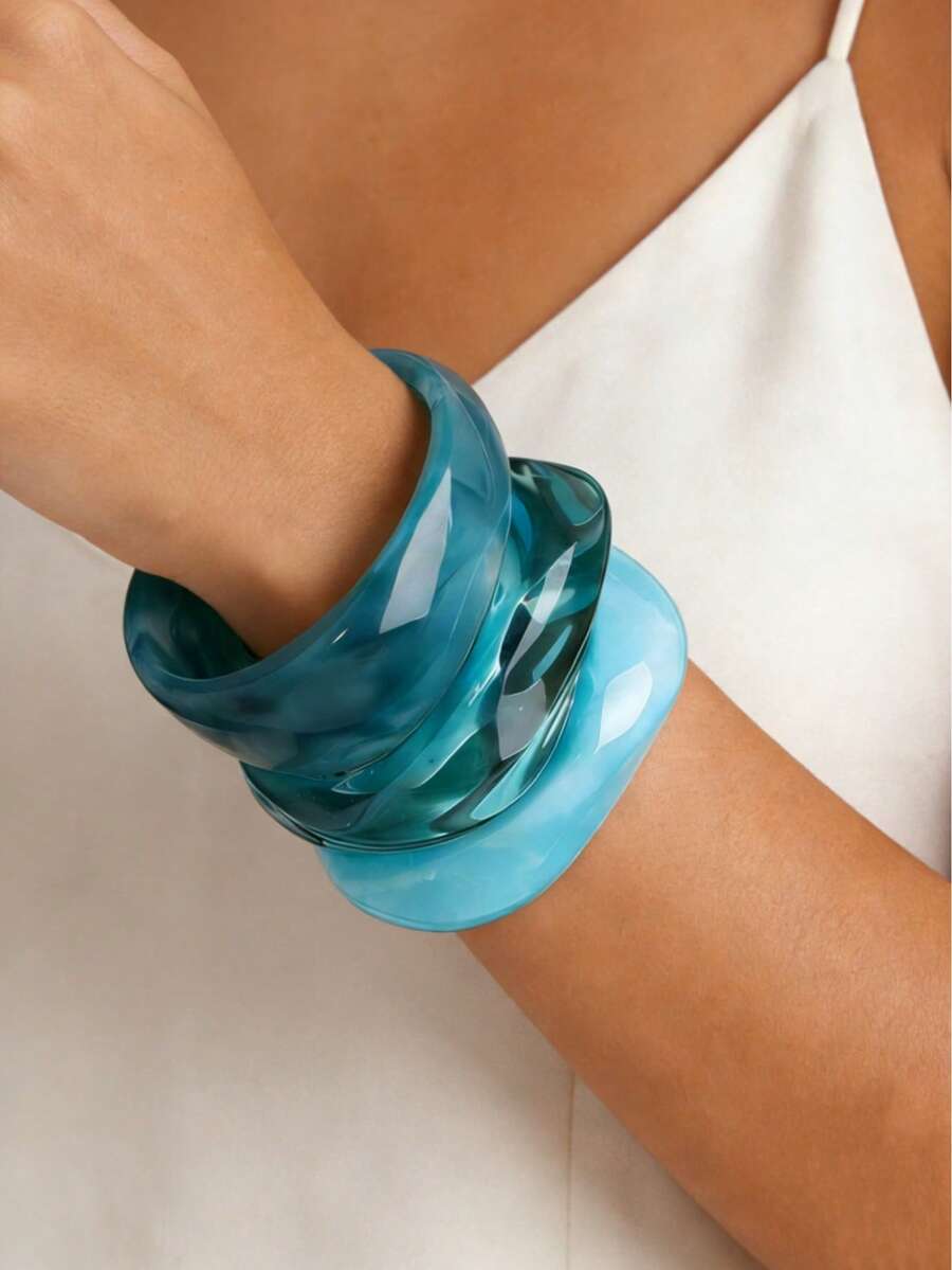 Juego de 3 pulseras acrílicas de estilo océano azul, combinación elegante y sencilla de pulseras con efecto tie-dye, se pueden usar apiladas o por separado, muy adecuadas para el uso diario y las vacaciones - Azul - Ver 1