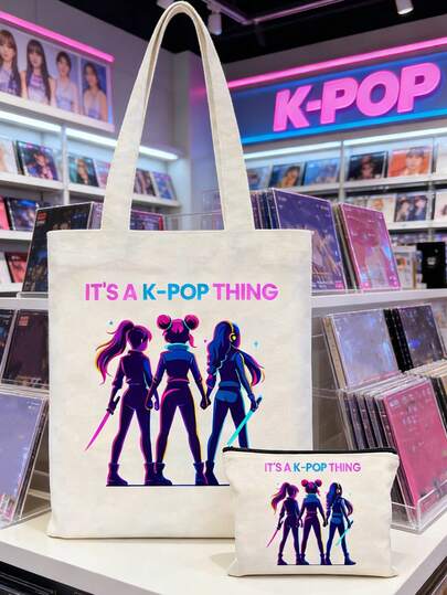 1个KPOP帆布手提袋，印有“IT'S A K-POP THING”字样和酷炫女偶像图案，大容量单肩手提包，手绘插画单肩包，粉丝周边礼品，通勤购物袋，可折叠大容量休闲杂货袋，时尚场合包，适合旅行、演唱会、粉丝活动、派对、日常使用，是理想的生日礼物、偶像礼物、粉丝周边、节日礼物、演唱会礼物。