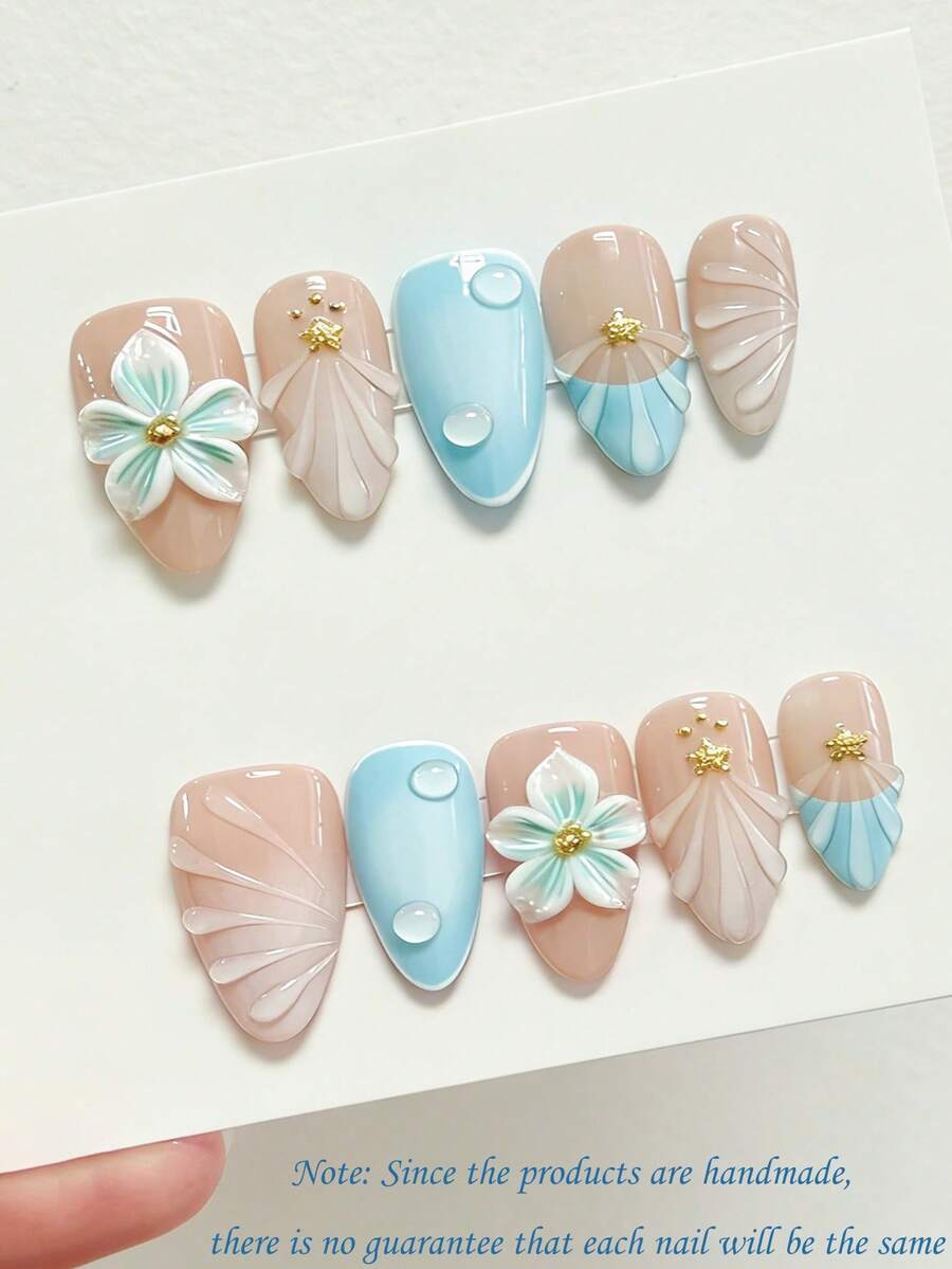 10pcs Minimalist French Ins Cute Fresh Y2k Baddie 3D Stereoscopic Blue & White Five-Petal Carved Waterdrop Texture Golden Bead Starfish Short Almond Nail Art Decals - Blue and White - View 1