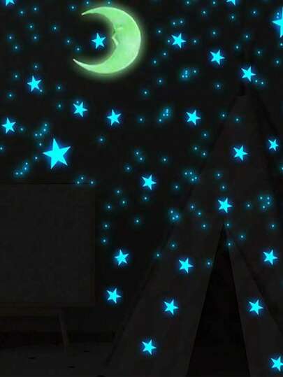 100 piezas de pegatinas de estrellas que brillan en la oscuridad y 1 pieza de pegatina de luna que brilla en la oscuridad, pegatinas de tema espacial de resina autoadhesiva, estilo de arte decorativo DIY, reutilizables, adecuadas para varias superficies, con efecto brillante y acabado brillante, aplicables para la decoración de la sala de estar, el dormitorio y el techo