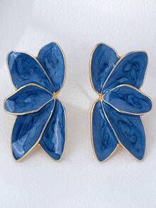 1 Pasang Anting Tusuk Bunga Minyak Tetes Paduan Logam Sederhana Bergaya - Navy Blue - View 2