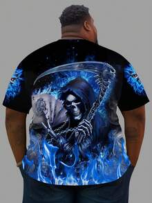 Plus Size Men's 3D Blue Flame Skull Print T-Shirt - Black Casual Round Neck, Geometric Pattern, Slightly Stretchy Knit Fabric, Summer Tee, Suitable For Adults And Teenagers, Casual Summer Wear | Skull Pattern Tee | Stretchy Knit Fabric, PLUS SIZE - Multicolor - View 4