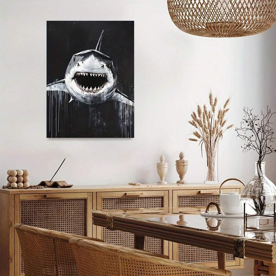 1pc Vintage Canvas Wall Art Print - Great White Shark Posters, Black Background Wall Decor, Retro Home Decoration For Living Room & Bedroom, Unframed Wall Arts, A Perfect Gift Choice For Friends