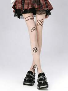 1双女士可爱卡通印花透明尼龙连裤袜，超薄透明朋克风丝袜，街头时尚腿部服饰，适合日常和派对造型 - 彩色 - 查看 11