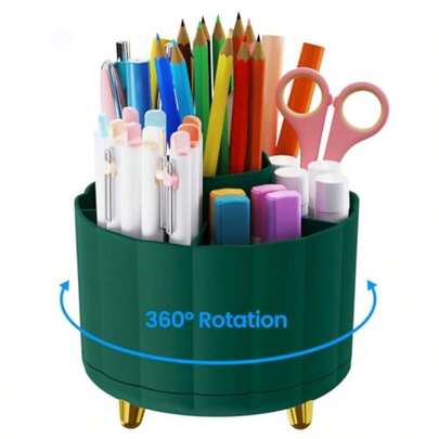 Desktop Organizer 360 Rotating With 6 Slots Pen And Pencil Holder Desk Caddy For Markers Pen Pencil Space Saving Office Organization Small Desk Essentials Work Home Green