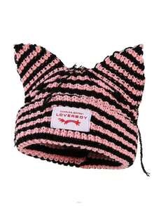 1pc Women's Fashion Striped Ear Adorned Distressed Fabric Tag Knitted Hat, Warm For Autumn/Winter Outfit Beanie Fall Outfit - Nhiều màu - Xem 6