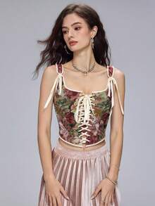 一件女士复古印花抹胸上衣，乡村风格紧身露脐上衣，前系带设计，胸部支撑性好，适合音乐节、情人节、旅行和度假穿着。 - 彩色 - 查看 4