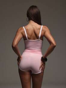 Conjunto deportivo de unicolor para mujer PinkTip, camiseta de tirantes + shorts de cintura alta de 2 piezas, traje casual para fitness al aire libre, correr, ajuste ceñido y moldeador, ropa de yoga apretada - Rosa - Ver 8