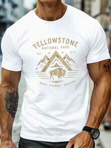 Camiseta Ligera con Estampado de Bisones del Parque Nacional  - Camiseta para Hombre, ligeramente elástica, diseño geométrico, tejido de punto - Estilo cómodo de verano 100% Algodón - Blanco - Ver 6