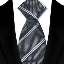 8厘米男士奢华领带，黑白灰波点条纹格纹领带，商务婚礼派对配饰礼品 - 黑白1 - 查看 24