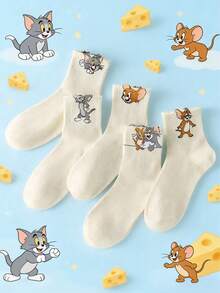 5 Pairs Women's Socks - Warner Bros Cartoon Cat & Mouse Animal Pattern, Made Of Polka Dot Mesh Fabric, Breathable & Moisture-Wicking, Suitable For Couples, Autumn/Winter, Everyday Wear - Multicolor - View 9