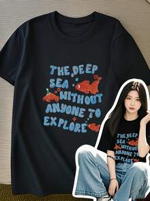 Women's Casual Loose Short Sleeve T-Shirt - Light Gray Round Neck With "Unexplored Deep Sea" Lettering And Cartoon Fish Print, Breathable Top For Spring And Summer, Beach Style Outfit, Ocean Theme Apparel, Fun Pattern Comfortable T-Shirt - Relaxed Fit Casual Vintage Style Comfort Daily Short Sleeve Unisex Cotton T-Shirt Top - 黑色 - 查看 1