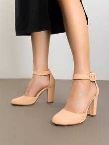 Women Heel Closed Toe Chunky High Heel Ankle Strap Wedding Party Comfortable Prom Pumps Shoes - 杏色 - 查看 4