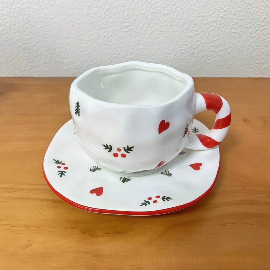 圣诞手绘陶瓷咖啡杯，可爱马克杯，送给她的礼物，高品质家用水杯、茶杯、杯碟套装 - 彩色 - 查看 1
