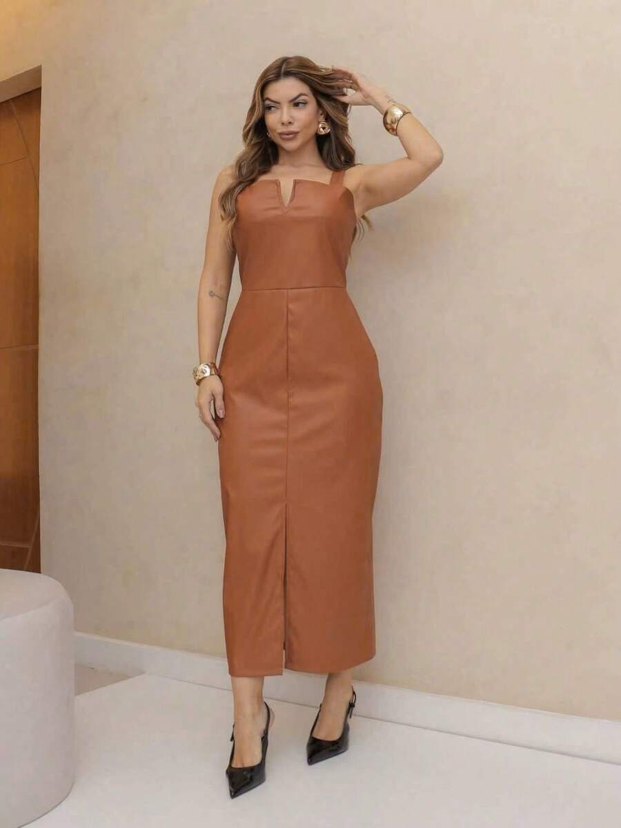 A&DD FASHION, REF:Y251.Women PU Leather Dress, High Quality Black Leather Skirt Dress, 2025 Spring Summer Slit Long Skirt, Sexy Dark Punk, Party Dress, Slim Waist Slit Backless Long Leather Skirt - 鏽棕色 - 查看 1