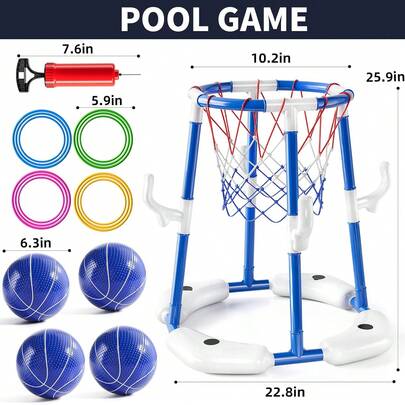 二合一漂浮式泳池篮球架，蓝色 - 室内投篮架，室外游泳池水上球类游戏，包含 4 个球、12 个篮筐、充气泵和配件，适合家庭娱乐、青少年和成人派对，理想的生日礼物（部分配件颜色可能有所不同）