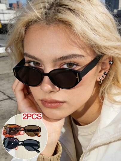 2副女士复古椭圆形时尚眼镜，纯色和玳瑁色，轻巧贴合镜框，柔软有色镜片，适合度假外出，附眼镜盒