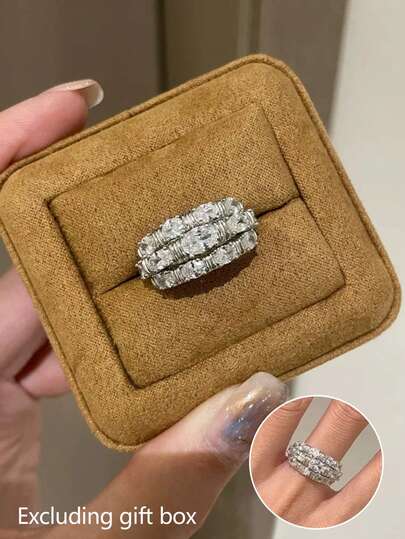 1pc Elegant Luxury Zirconia Inlaid Diamond Ring, Copper Material Sophisticated Chic Minimalist Ring, Suitable For Women's Party, Wedding, Daily Wear, Festivals