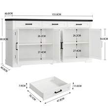 Aparador grande con 4 puertas y 3 cajones, estilo rústico, ideal para comedor, cocina o sala de estar, color blanco. - Blanco y Negro - Ver 5