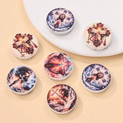5pcs 28mm Jesus Silicone Beads, Cross/Jesus Printed Pattern, Suitable For DIY Decoration, Memorial Activities Or Bracelet Pendant
