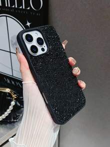 Sequins,Diamond 1pc Solid Color Luxury Rhinestone Embedded Shiny Dual-Purpose Phone Case, Compatible With Apple 17 Pro Max, 16, 15 Pro, 14, 13, 12, 11 Series - Black - View 2