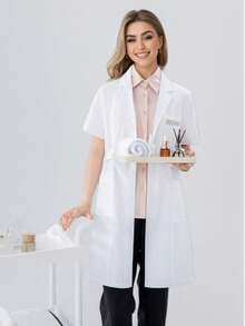 Unisex Short Sleeve & Thigh Length Lab Coat, Durable Wrinkle-Resistant Woven Fabric - White - View 4