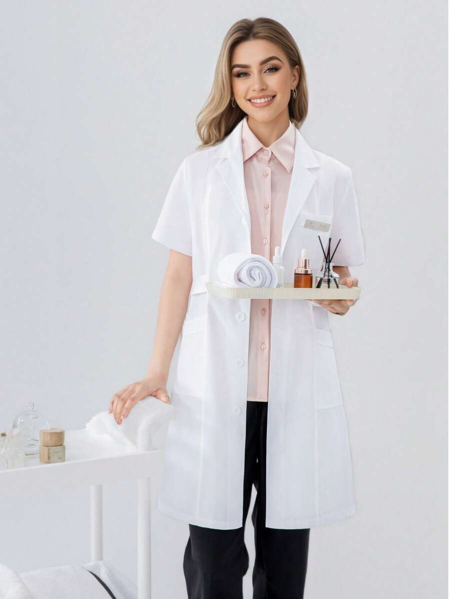 White Long-Style Lapel Short-Sleeve Nurse Uniform, Adjustable Waist, Comfortable To Wear, Suitable For Hospitals, Clinics, Postpartum Care Centers, Dental Hospitals, Etc., Nurses' Day Spring - White - View 1