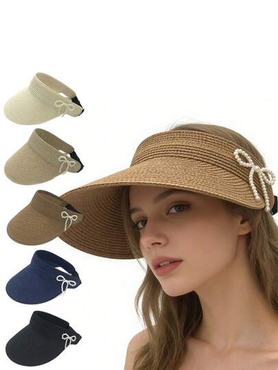 1pc Women's Foldable Sun Hat, Ponytail Hole Beach Hat, Straw Brim Outdoor Sun Protection Hat, Spring/Summer