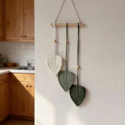 1 pezzo Appendiabiti da parete in macramè, arazzo a foglie colorato in stile boho, arazzo da parete con sfondo a foglie tessuto a mano, arazzo da appendere alla testiera del letto