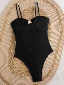 One-Piece Elegant Beach And Vacation Style Swimsuit With Sexy Metal Decoration And Contrasting Colors - 黑與白 - 查看 4