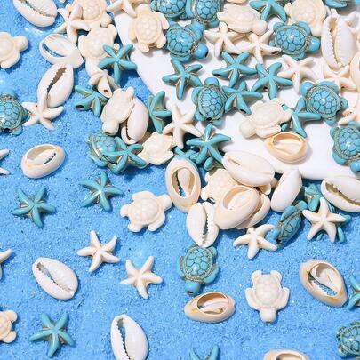 30/60PCS White & Blue Shell Turtle Starfish Set, Sea Theme Jewelry Spacer Beads, For Jewelry Making Bohemia Earring Bracelet Necklace Anklet DIY Handmade Hair Accessories, Waist Chains, Dream Catcher Net Craft, Home Ornament