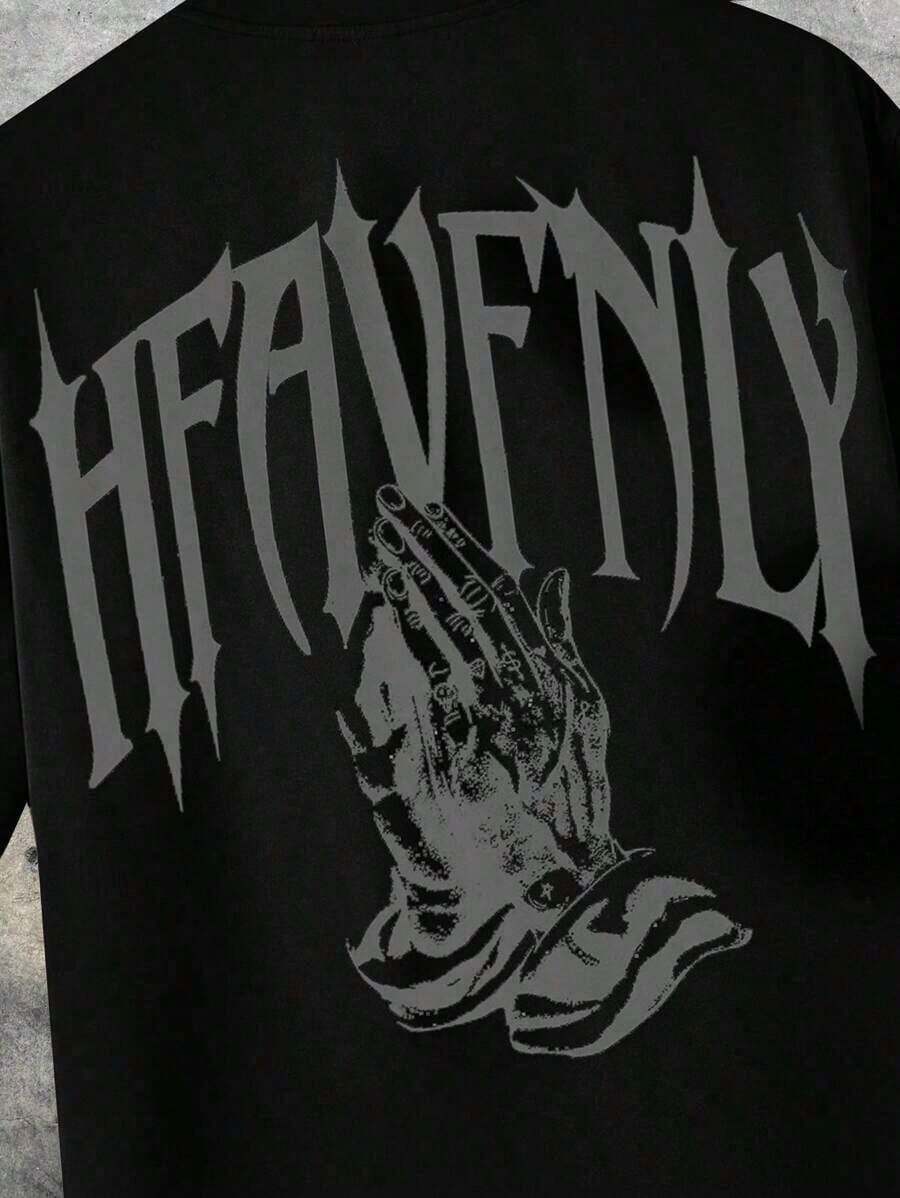 Camiseta casual de manga corta y cuello redondo para hombre con estampado de letra, ideal para el verano y el streetwear - Negro - Ver 1