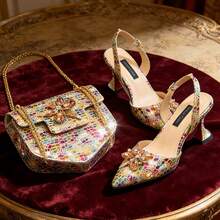 Venus Chan Giày cao gót mũi nhọn thanh lịch, thiết kế đính pha lê - Bộ giày và túi xách đồng bộ dành cho nữ, thích hợp cho đám cưới và tiệc tùng. - Vàng - Xem 13