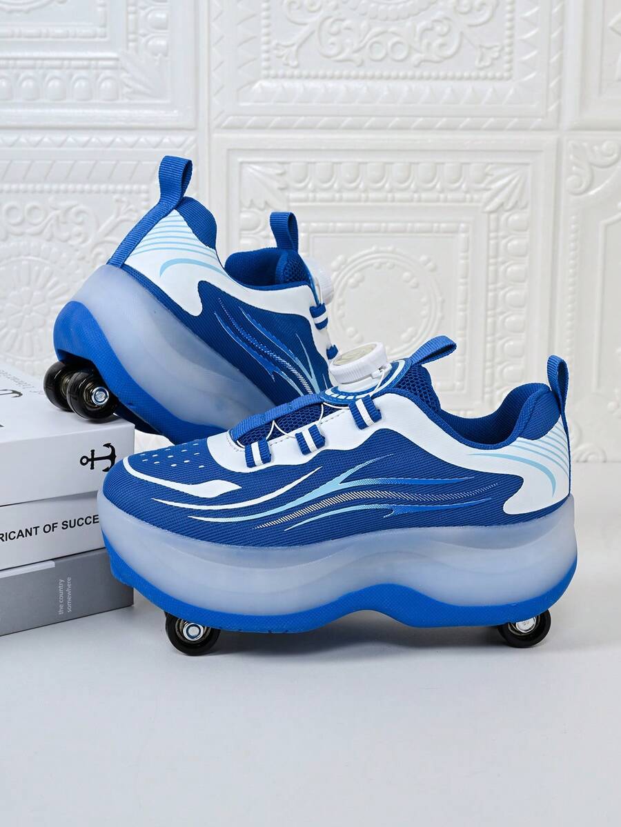 儿童蓝白条纹轮滑鞋，带旋转扣，四轮可伸缩，男女童皆宜 - 藍色 - 查看 1