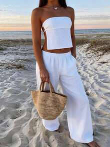GAOVOT 女士夏季白色两件套休闲性感露肩露背上衣搭配松紧腰阔腿裤，适合海滩度假、旅行、日常穿着、约会、办公室、街头等夏季场合。 - 白色 - 查看 5