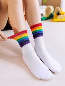 3/6 Pairs Rainbow Striped Mid-Calf Socks For Women, Ins College Style Colorful Socks, Match With Leggings For Spring & Autumn - Multicolor - View 4